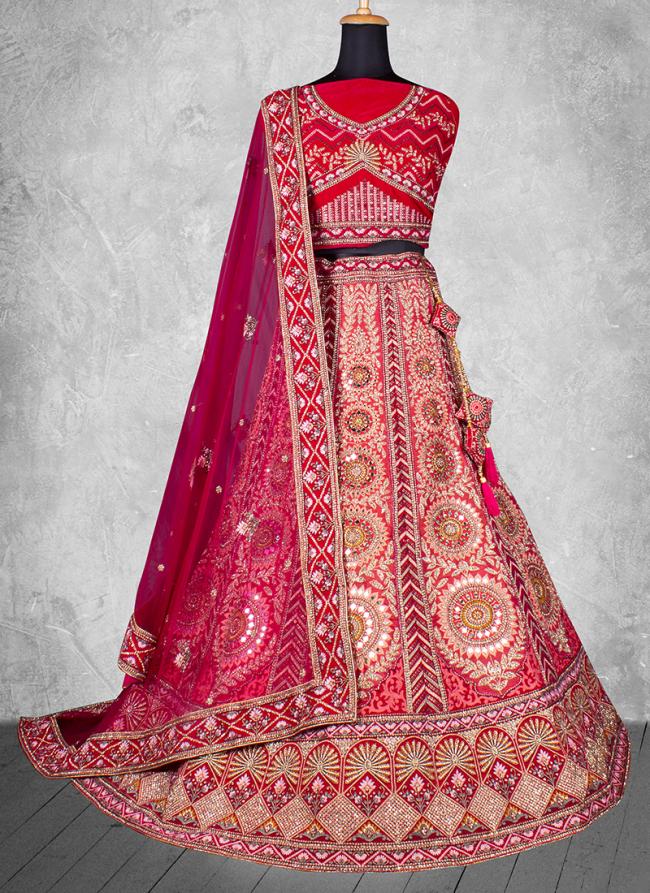 Velvet Red Bridal Wear Embroidery Work Lehenga Choli